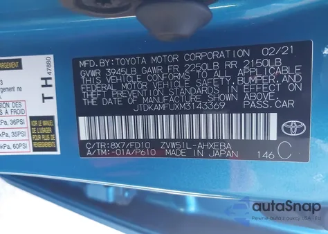 2021 Toyota Prius Le from USA, damaged, VIN JTDKAMFUXM3143369